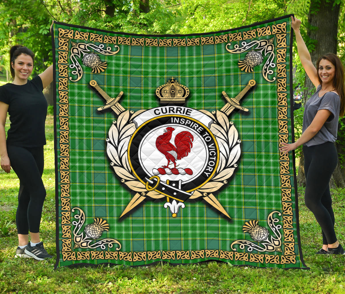 Currie or Curry Tartan Crest Premium Quilt - Celtic Thistle Style