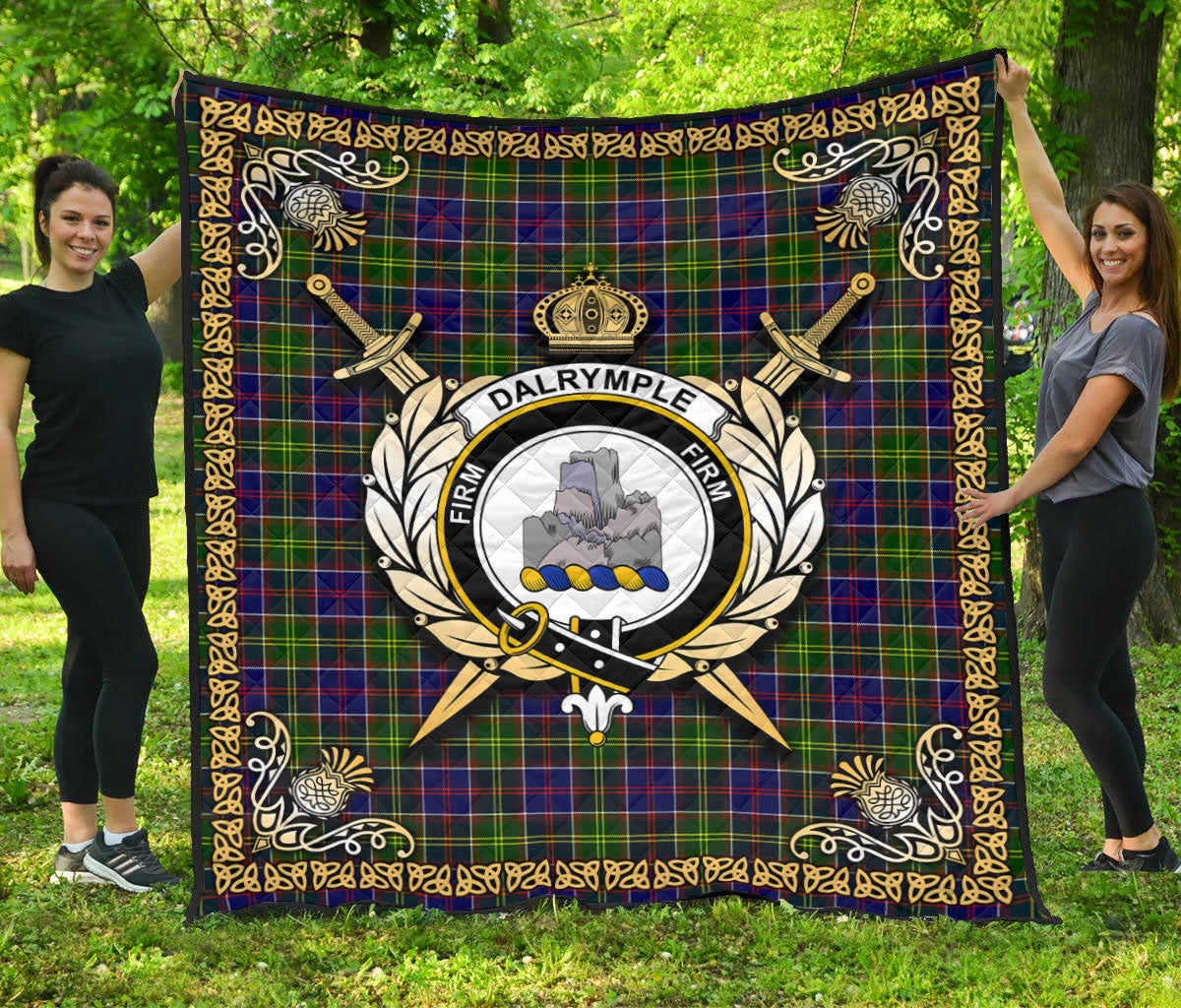 Dalrymple Tartan Crest Premium Quilt - Celtic Thistle Style