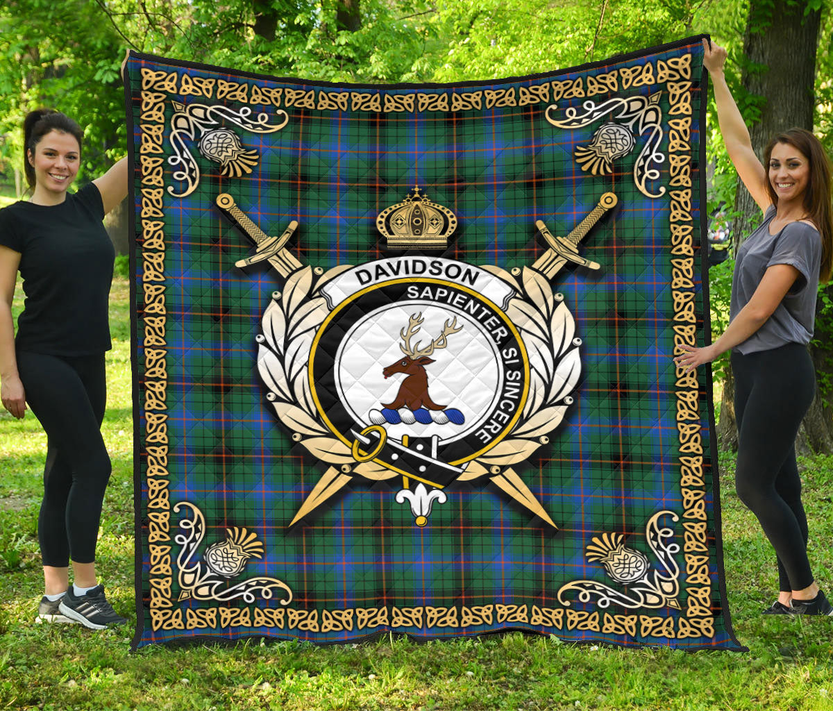 Davidson Ancient Tartan Crest Premium Quilt - Celtic Thistle Style