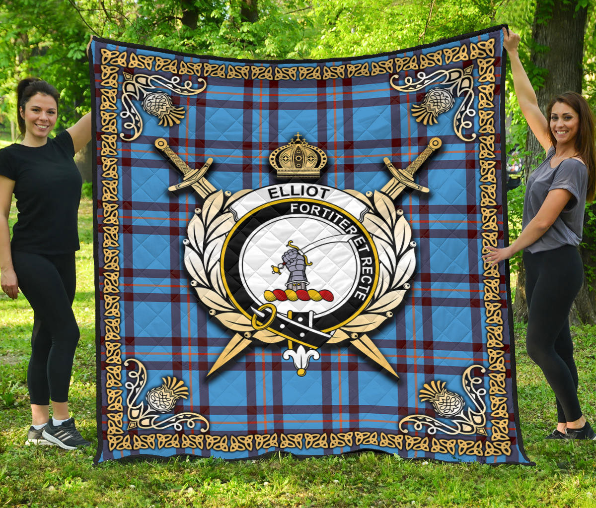 Elliot Ancient Tartan Crest Premium Quilt - Celtic Thistle Style