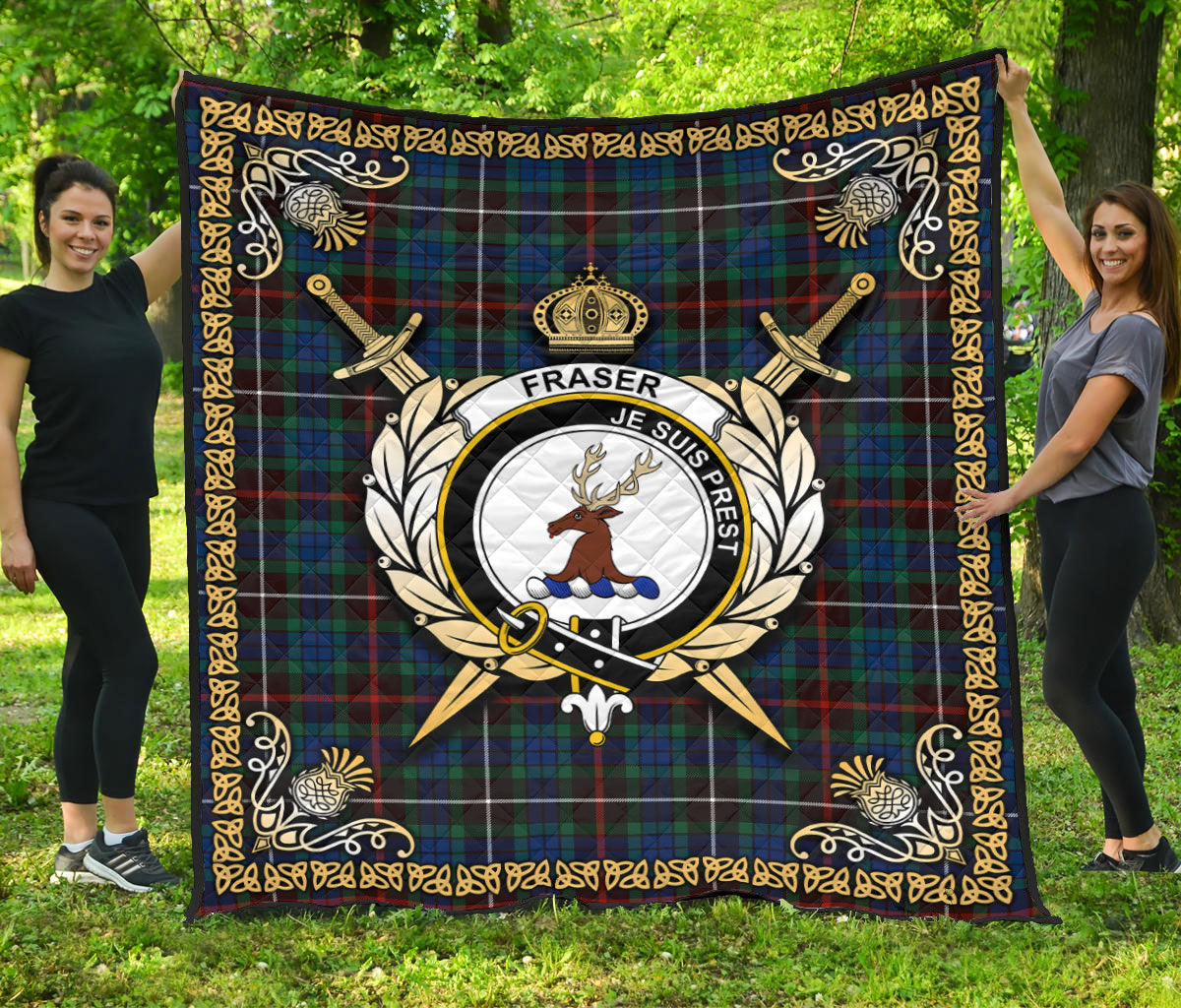 Fraser (of Lovat) Hunting Ancient Tartan Crest Premium Quilt - Celtic Thistle Style