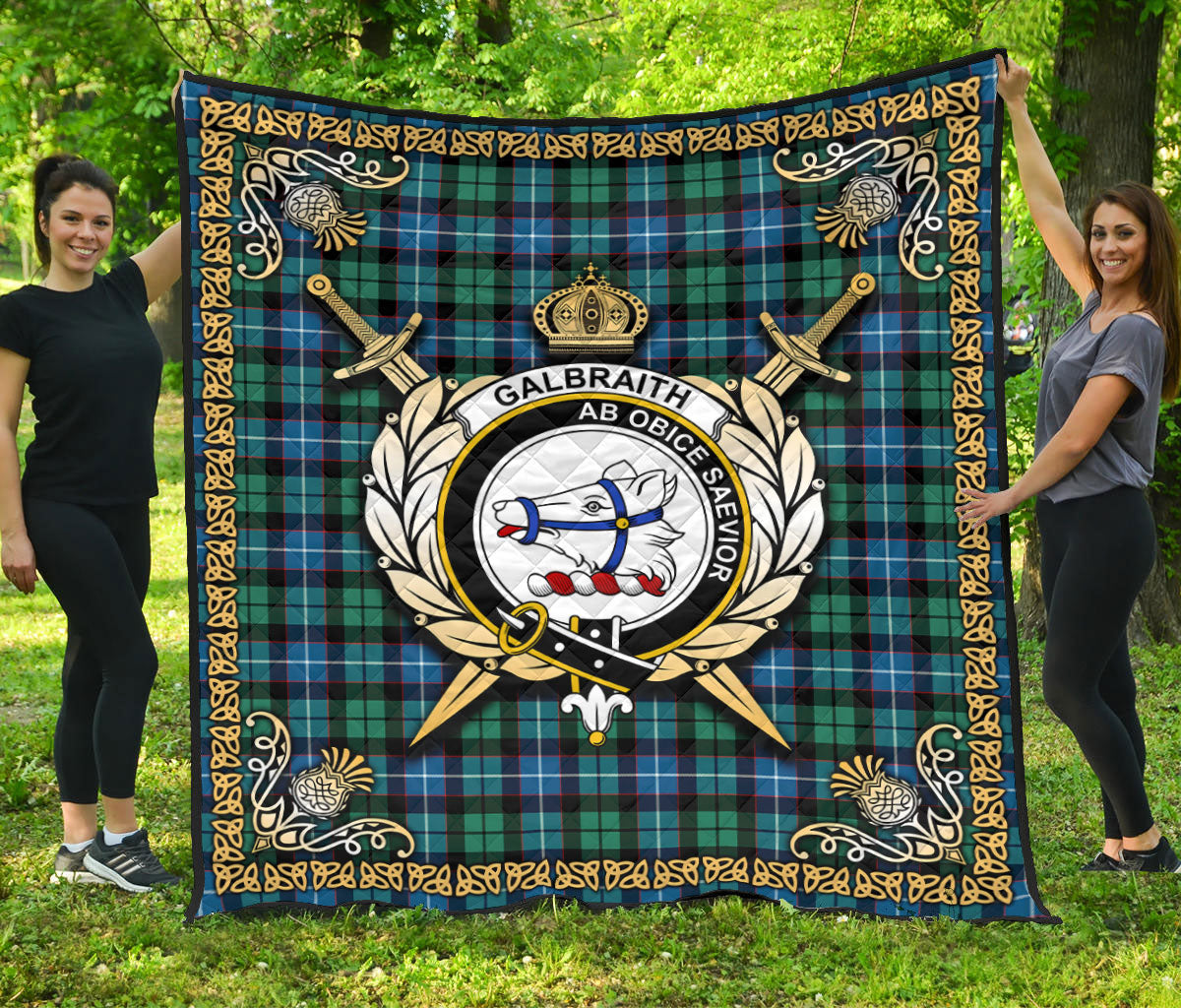Galbraith Ancient Tartan Crest Premium Quilt - Celtic Thistle Style