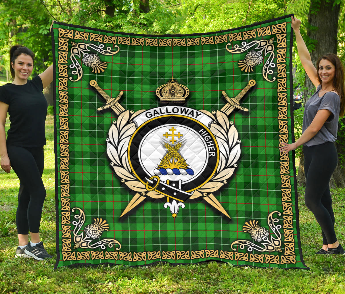 Galloway District Tartan Crest Premium Quilt - Celtic Thistle Style