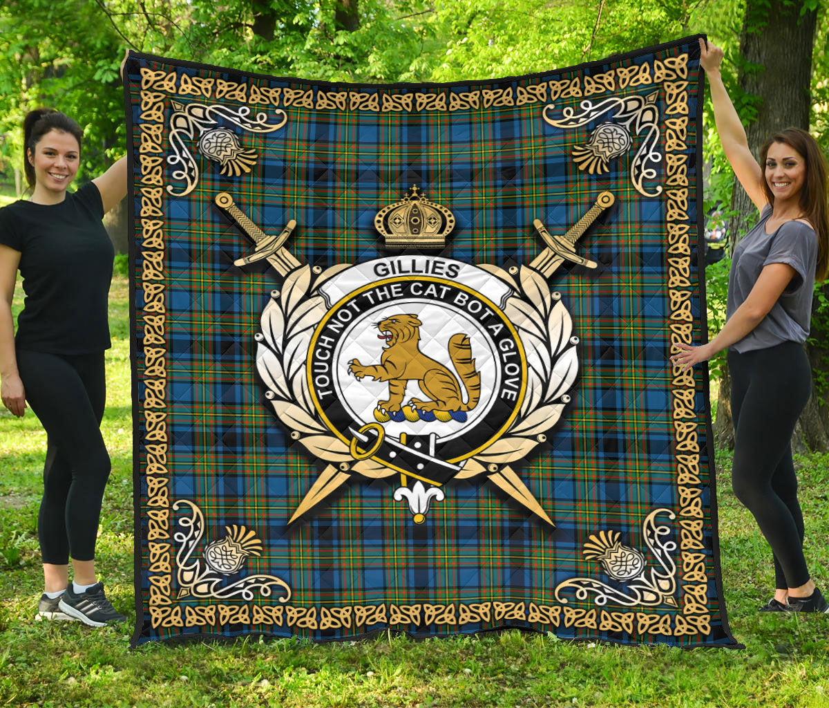 Gillies Ancient Tartan Crest Premium Quilt - Celtic Thistle Style
