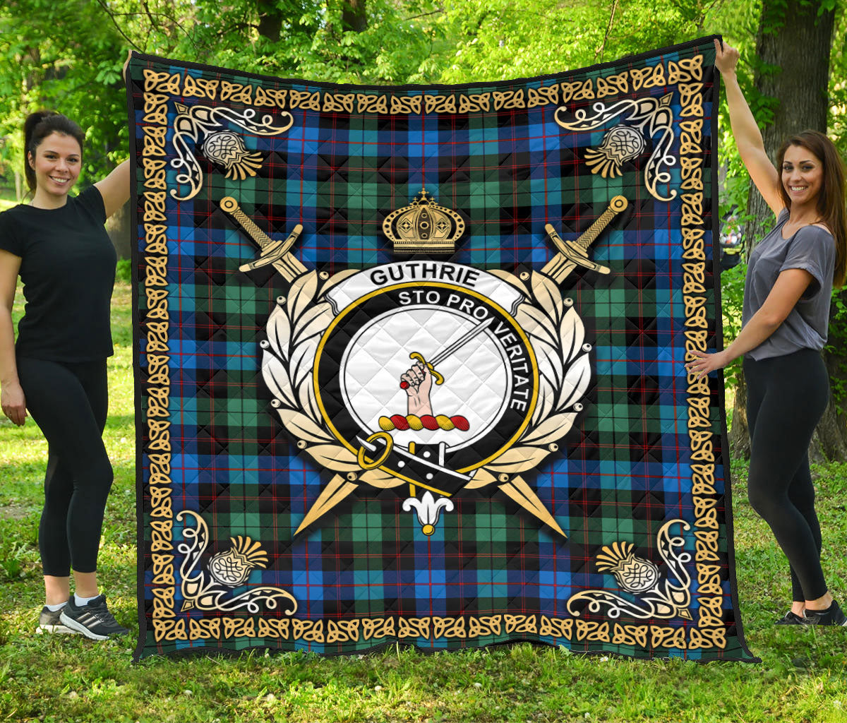 Guthrie Ancient Tartan Crest Premium Quilt - Celtic Thistle Style