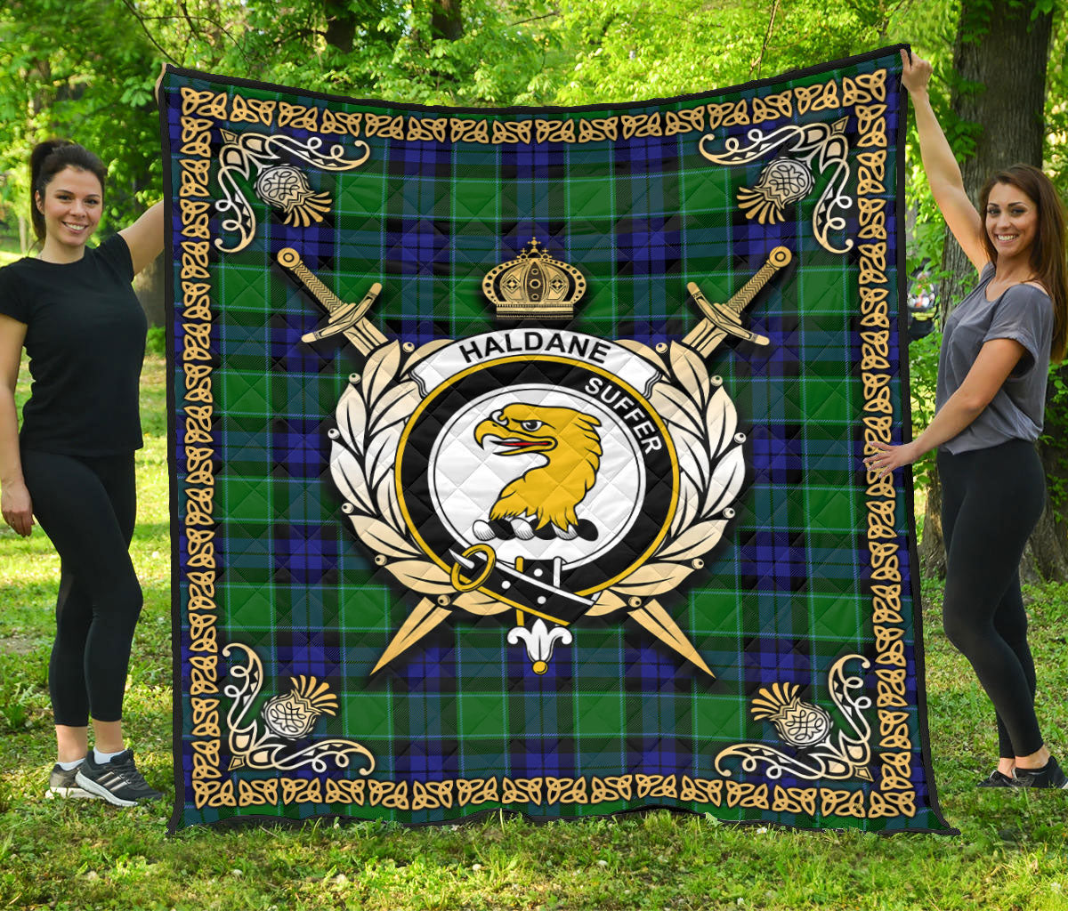 Haldane Tartan Crest Premium Quilt - Celtic Thistle Style