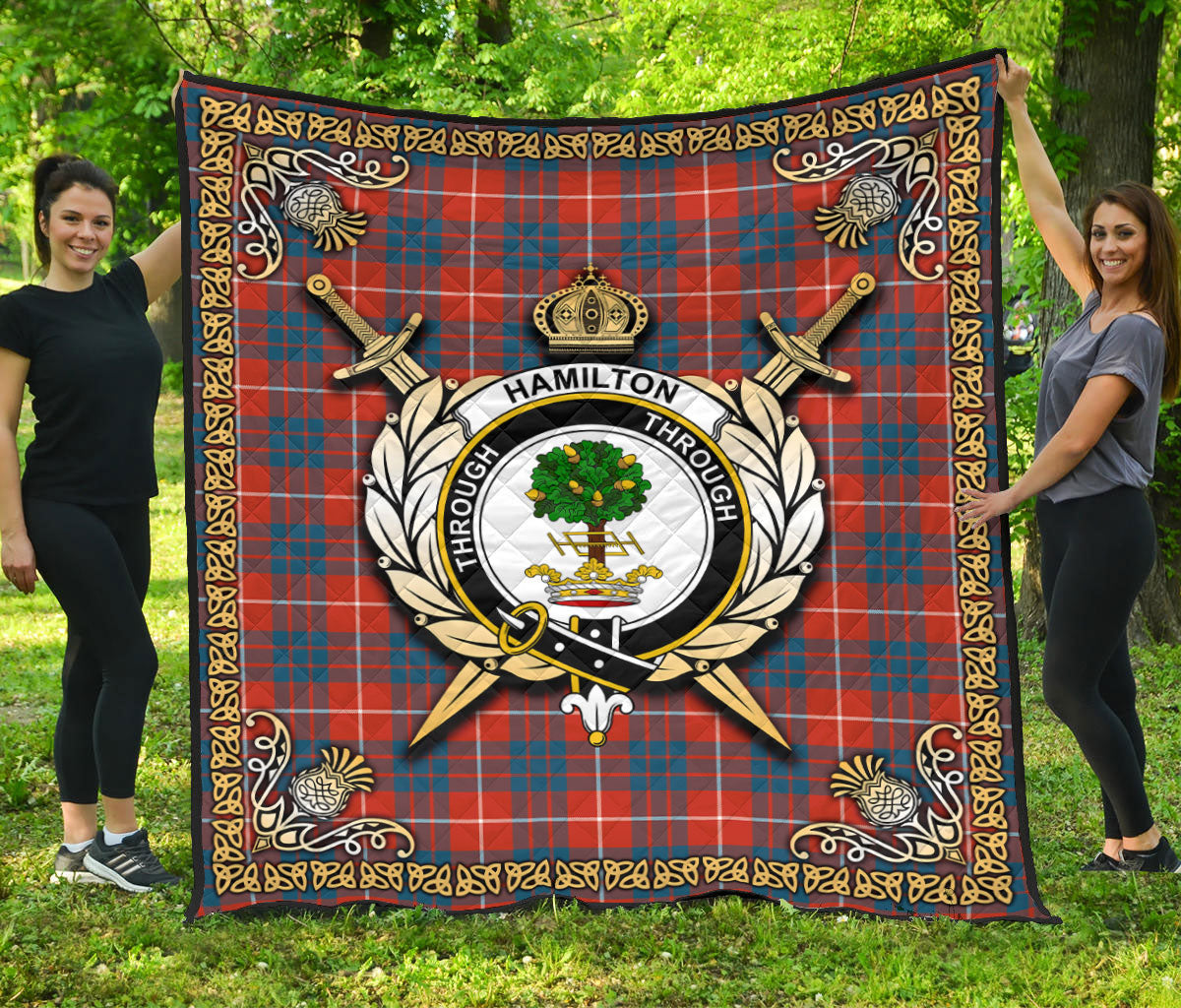 Hamilton Ancient Tartan Crest Premium Quilt - Celtic Thistle Style