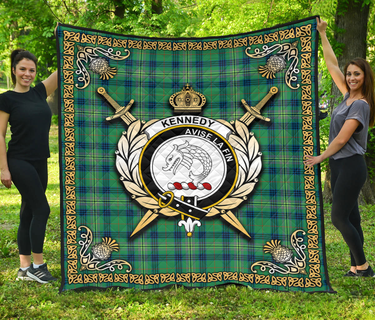 Kennedy Ancient Tartan Crest Premium Quilt - Celtic Thistle Style