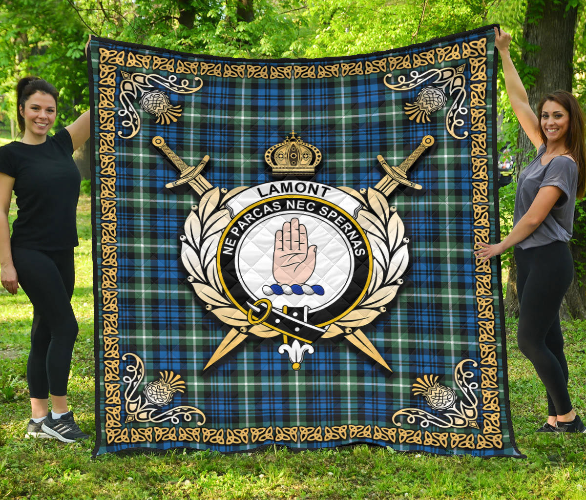 Lamont Ancient Tartan Crest Premium Quilt - Celtic Thistle Style