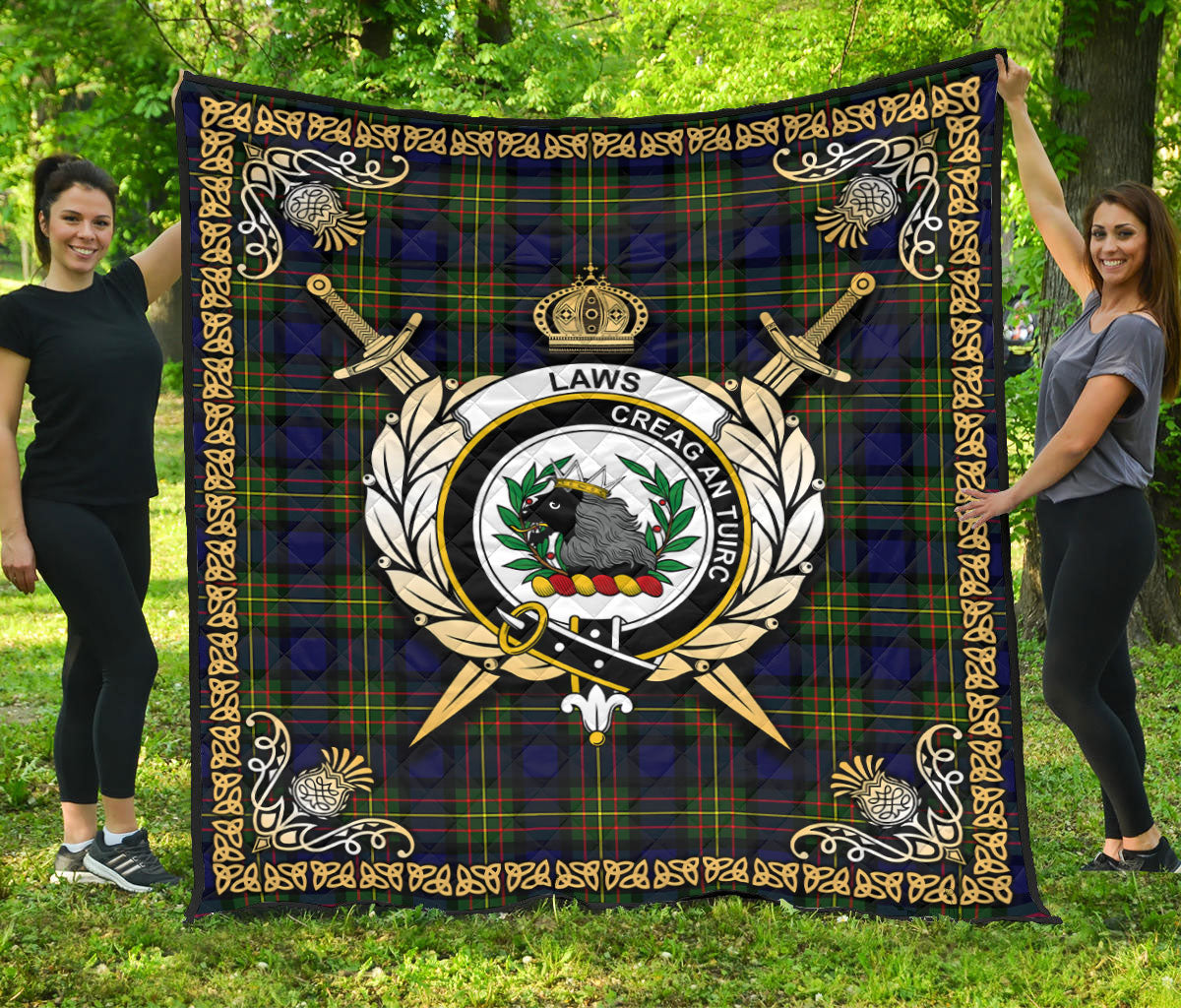 Laws Tartan Crest Premium Quilt - Celtic Thistle Style