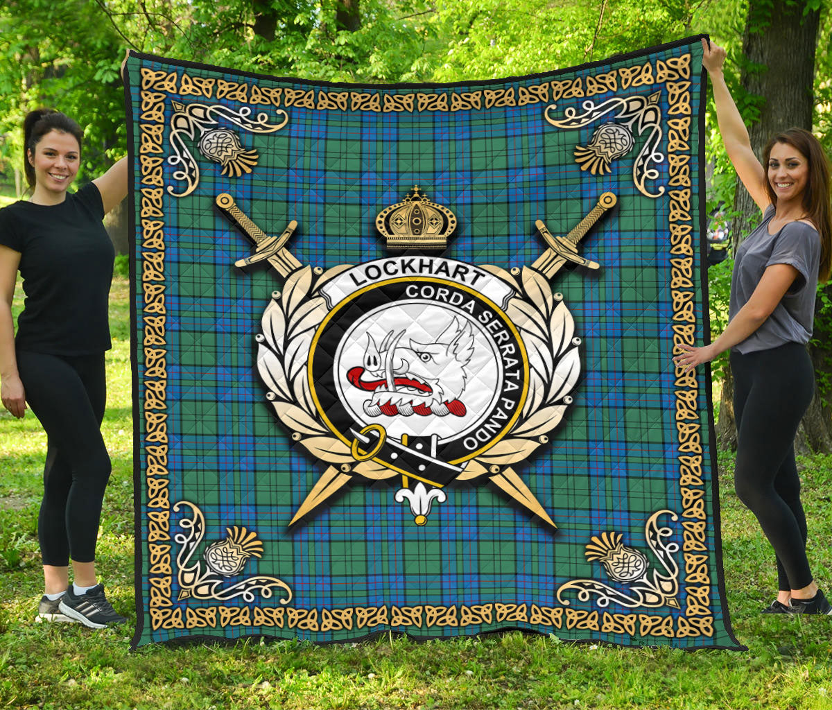 Lockhart Tartan Crest Premium Quilt - Celtic Thistle Style