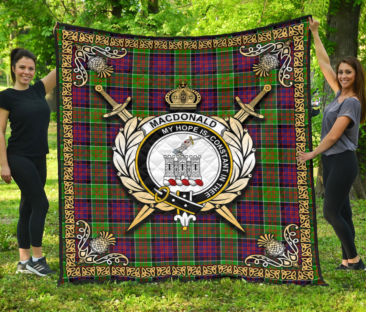 MacDonald (Clan Ranald) Tartan Crest Premium Quilt - Celtic Thistle Style