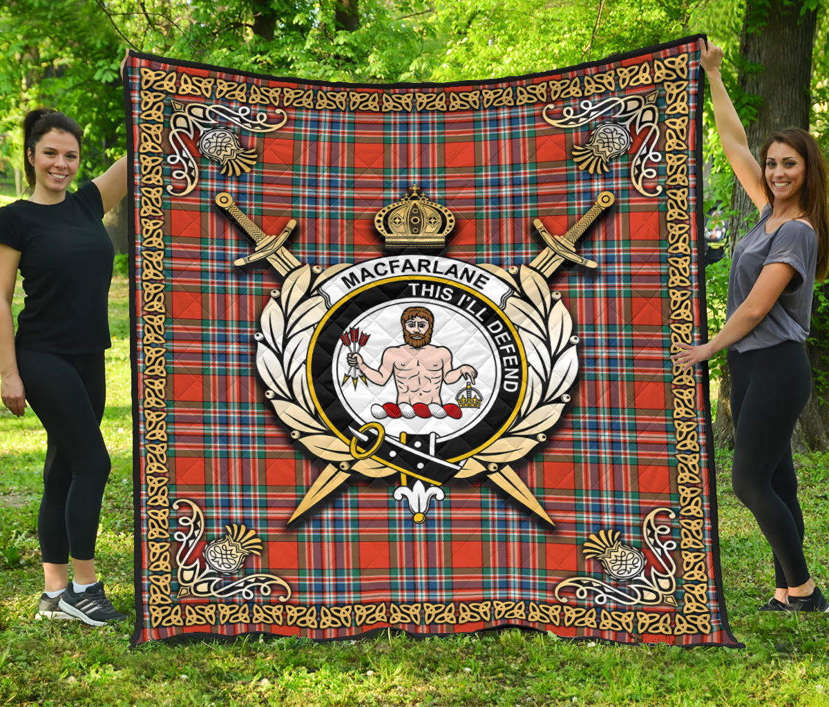 MacFarlane Ancient Tartan Crest Premium Quilt - Celtic Thistle Style