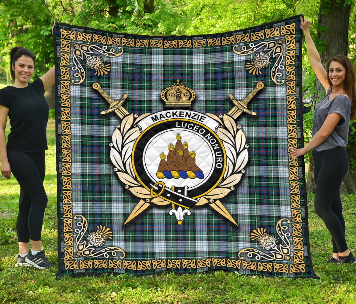 MacKenzie Dress Ancient Tartan Crest Premium Quilt - Celtic Thistle Style