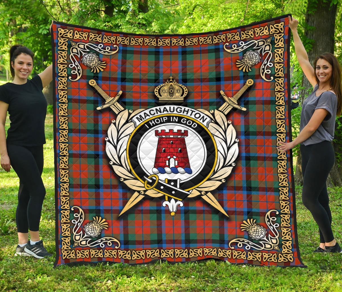 MacNaughton Ancient Tartan Crest Premium Quilt - Celtic Thistle Style