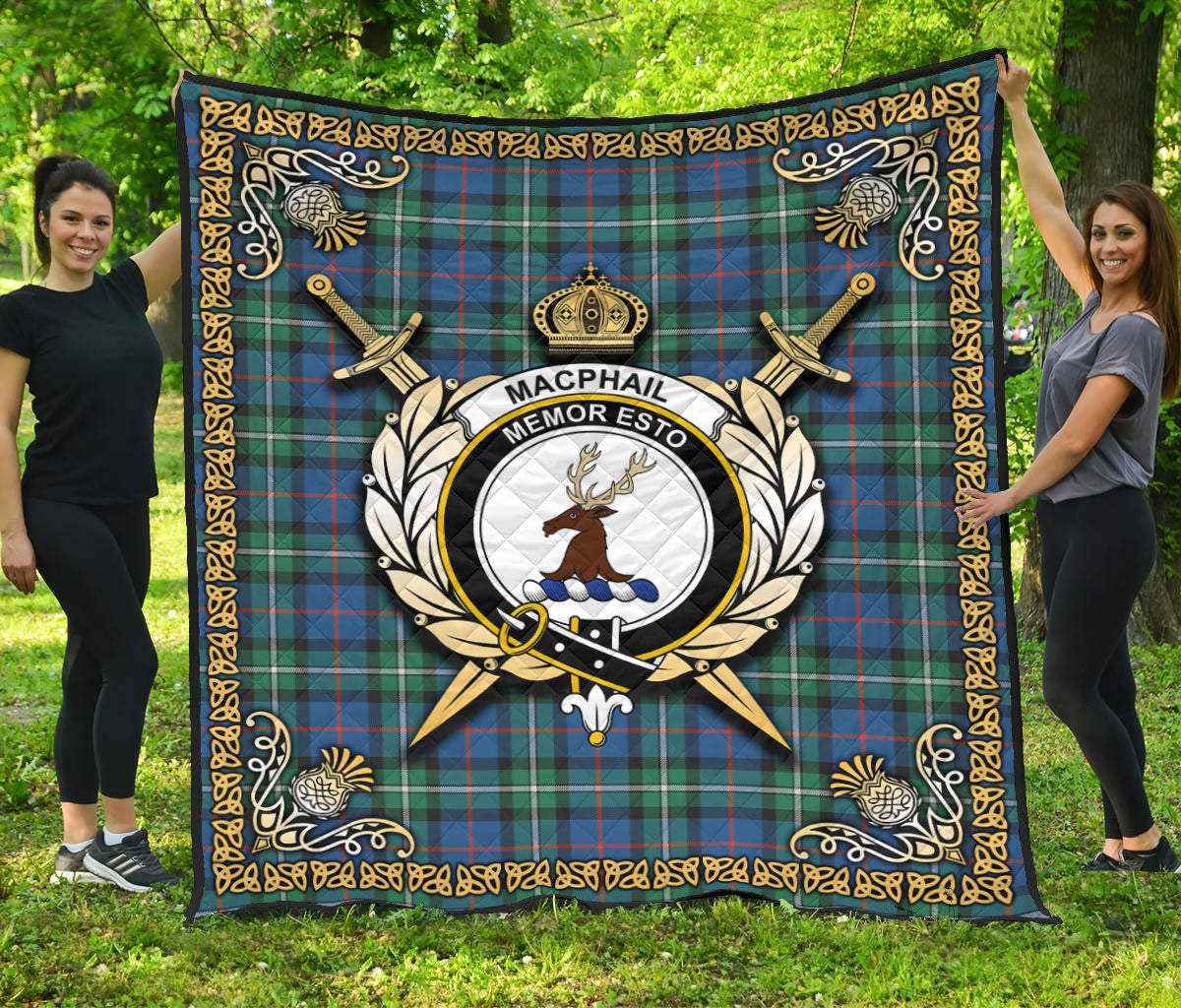 MacPhail Hunting Ancient Tartan Crest Premium Quilt - Celtic Thistle Style