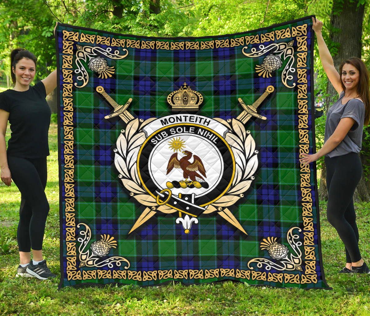 Monteith Tartan Crest Premium Quilt - Celtic Thistle Style