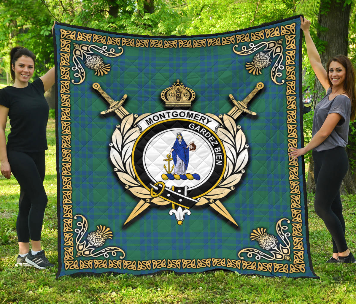 Montgomery Ancient Tartan Crest Premium Quilt - Celtic Thistle Style