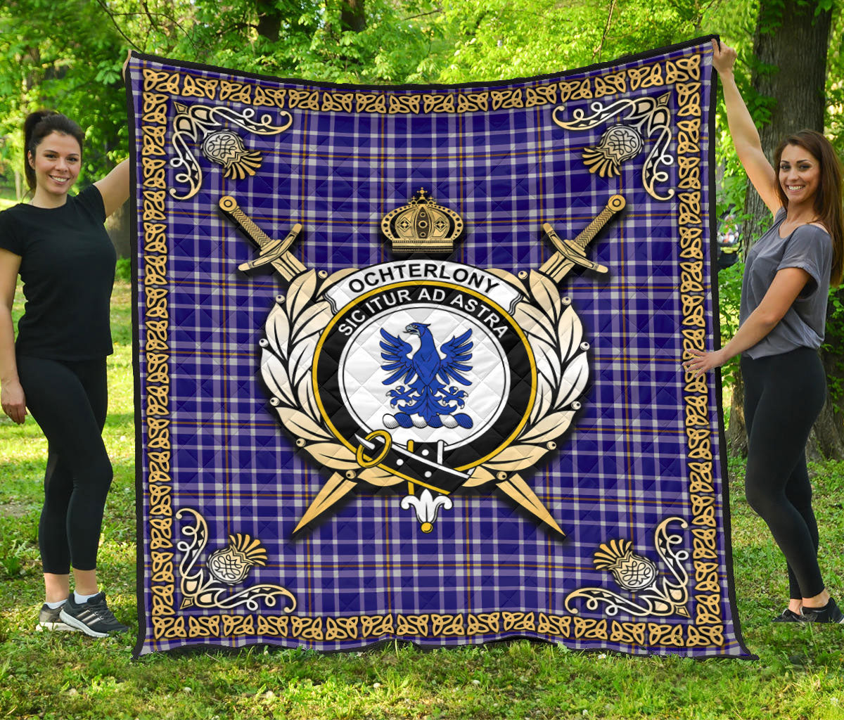 Ochterlony Tartan Crest Premium Quilt - Celtic Thistle Style