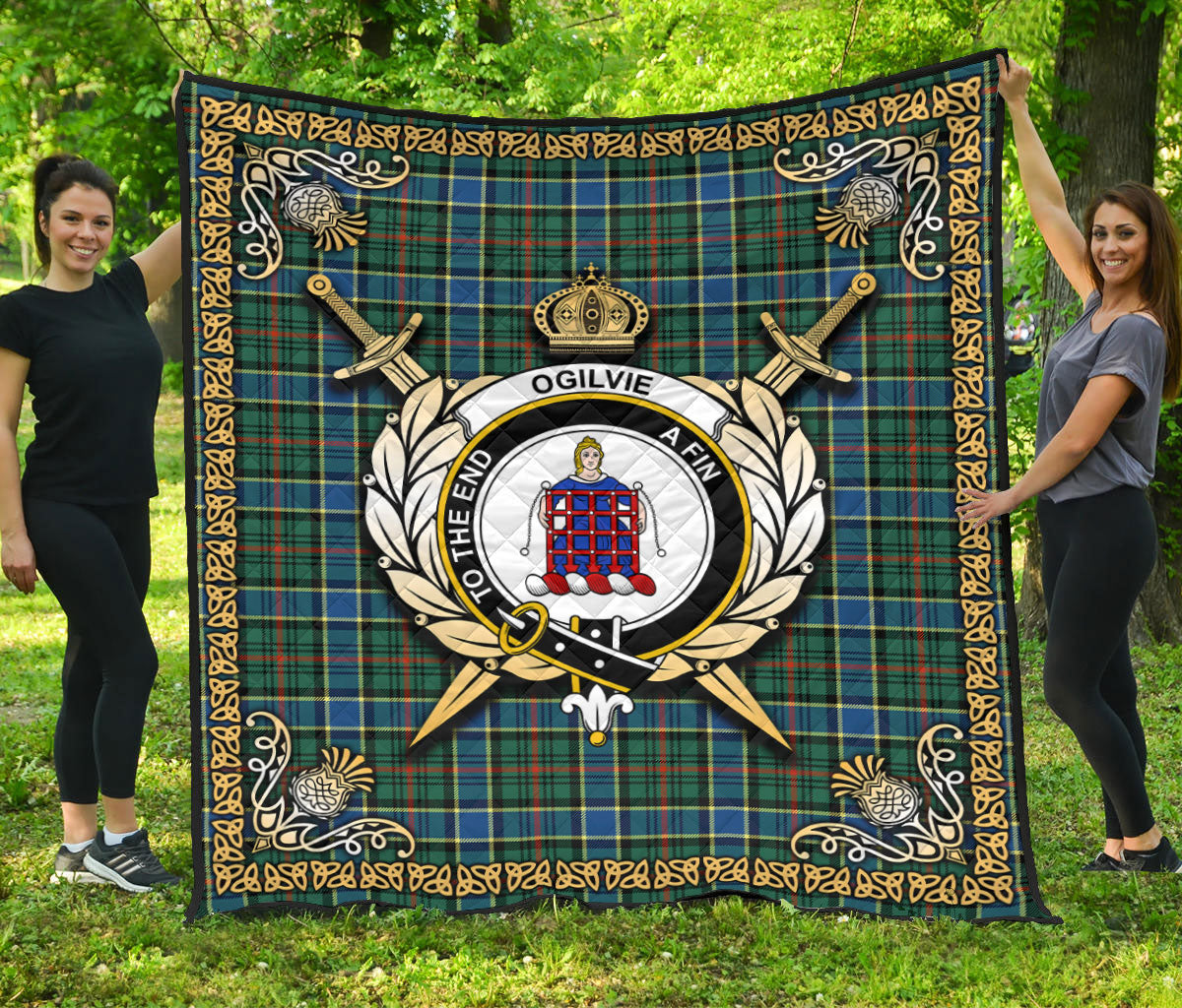 Ogilvie Hunting Ancient Tartan Crest Premium Quilt - Celtic Thistle Style