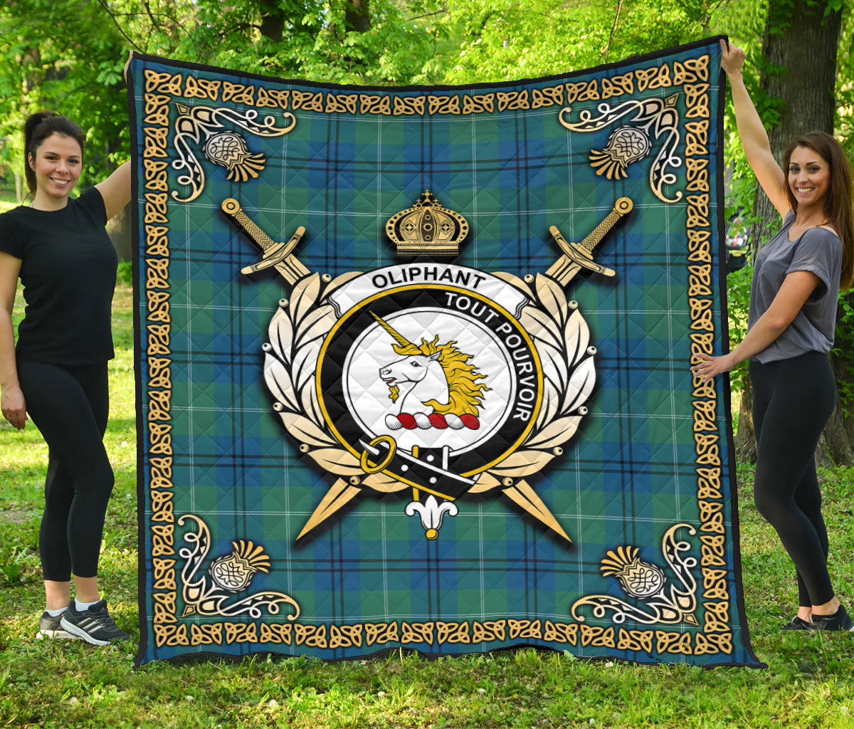 Oliphant Ancient Tartan Crest Premium Quilt - Celtic Thistle Style