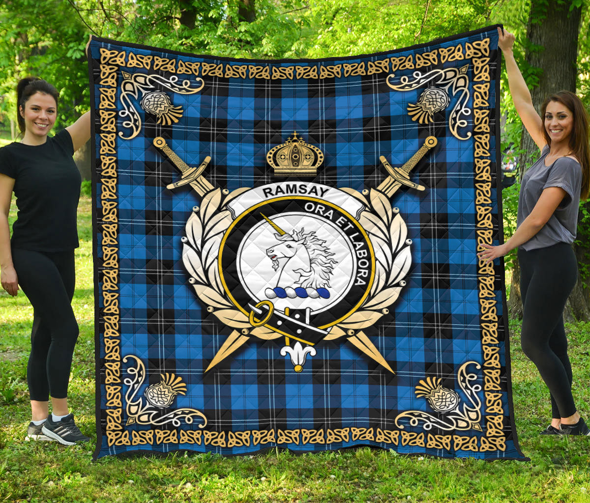 Ramsay Blue Ancient Tartan Crest Premium Quilt - Celtic Thistle Style