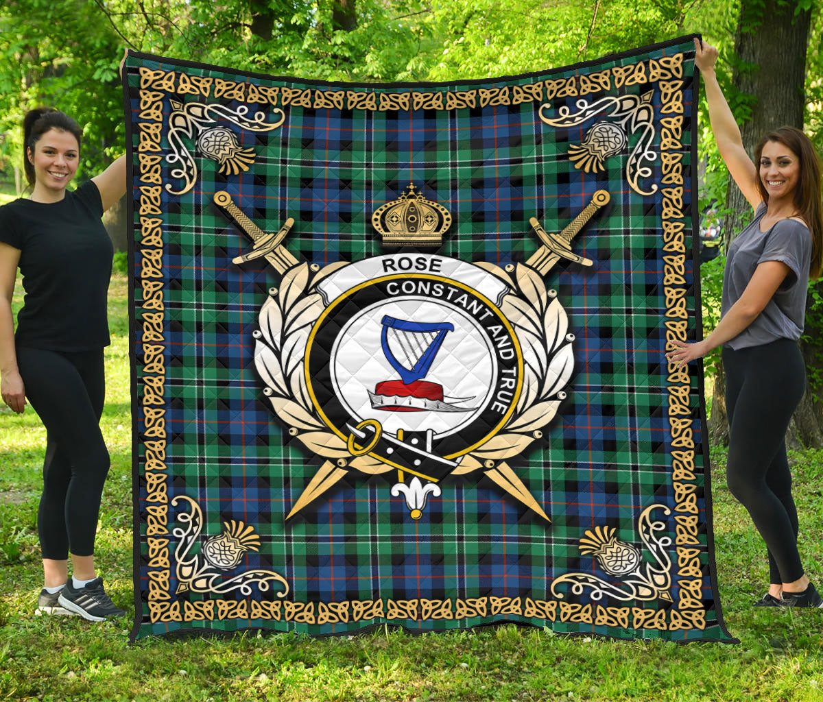 Rose Hunting Ancient Tartan Crest Premium Quilt - Celtic Thistle Style