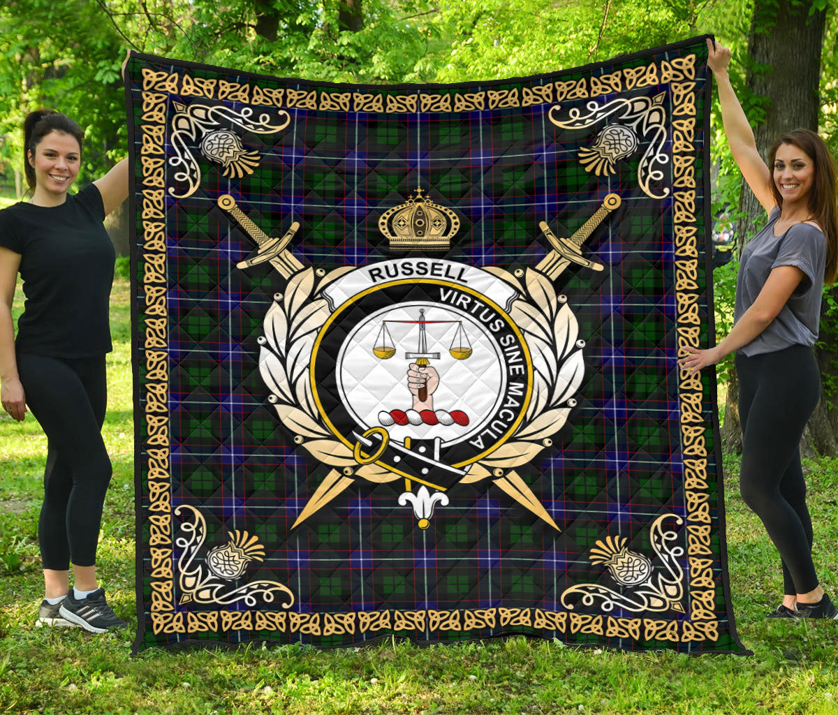 Russell Modern Tartan Crest Premium Quilt - Celtic Thistle Style