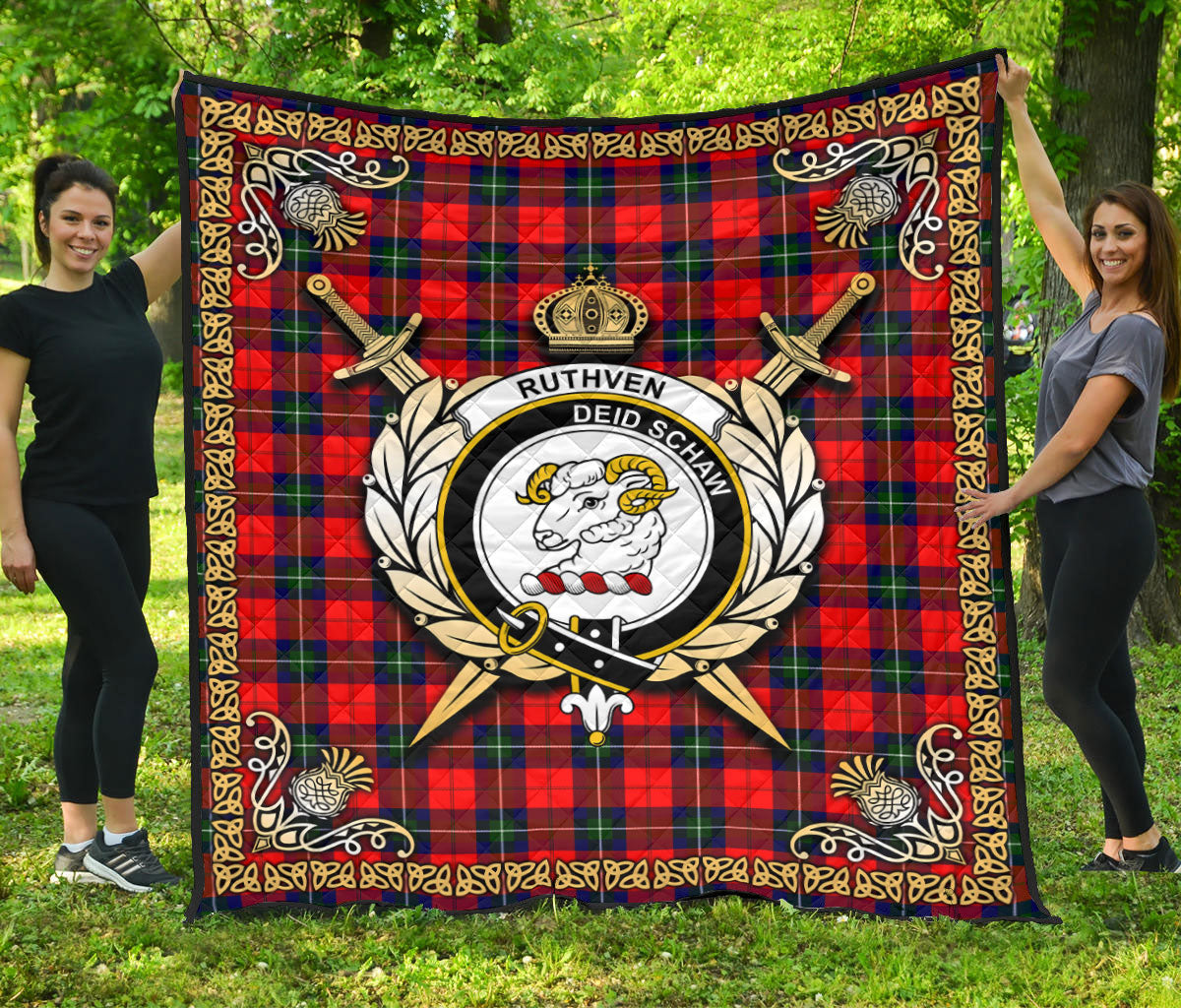 Ruthven Modern Tartan Crest Premium Quilt - Celtic Thistle Style