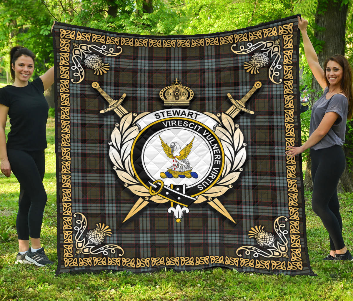 Stewart Old Weathered Tartan Crest Premium Quilt - Celtic Thistle Style