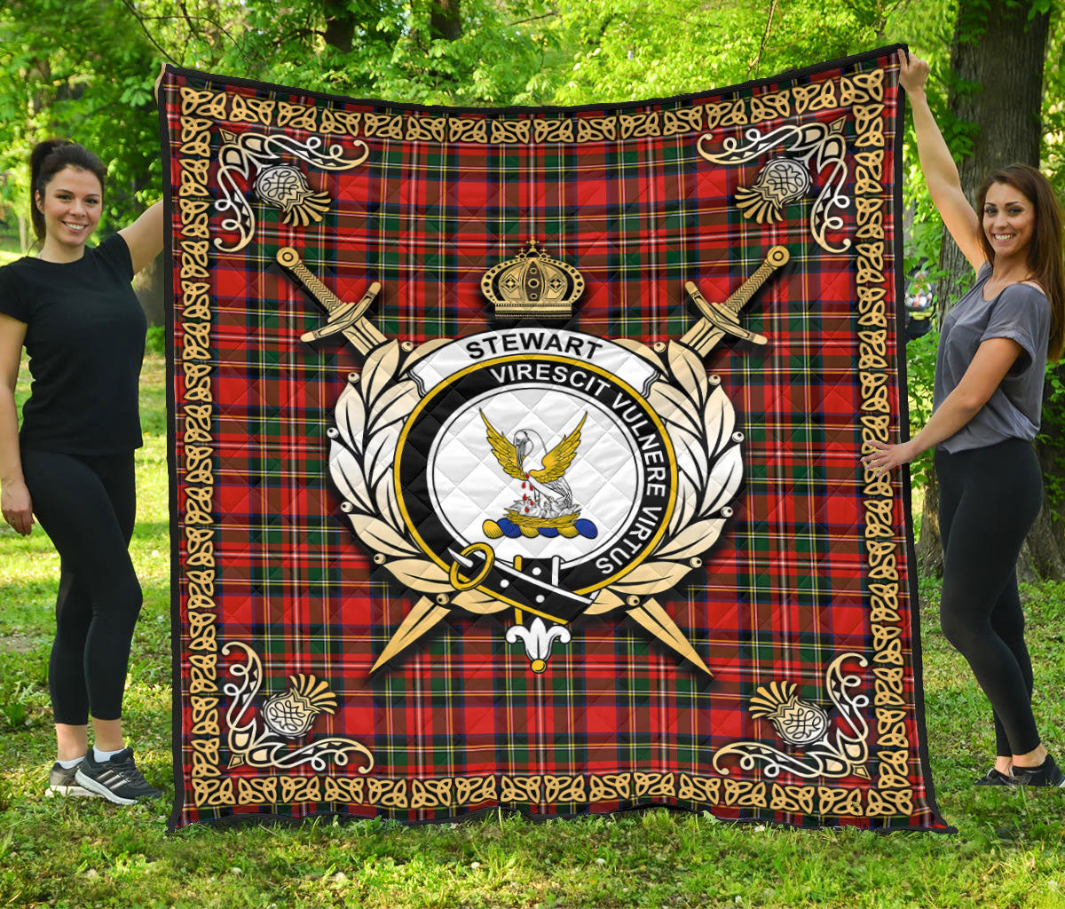 Stewart Royal Modern Tartan Crest Premium Quilt - Celtic Thistle Style