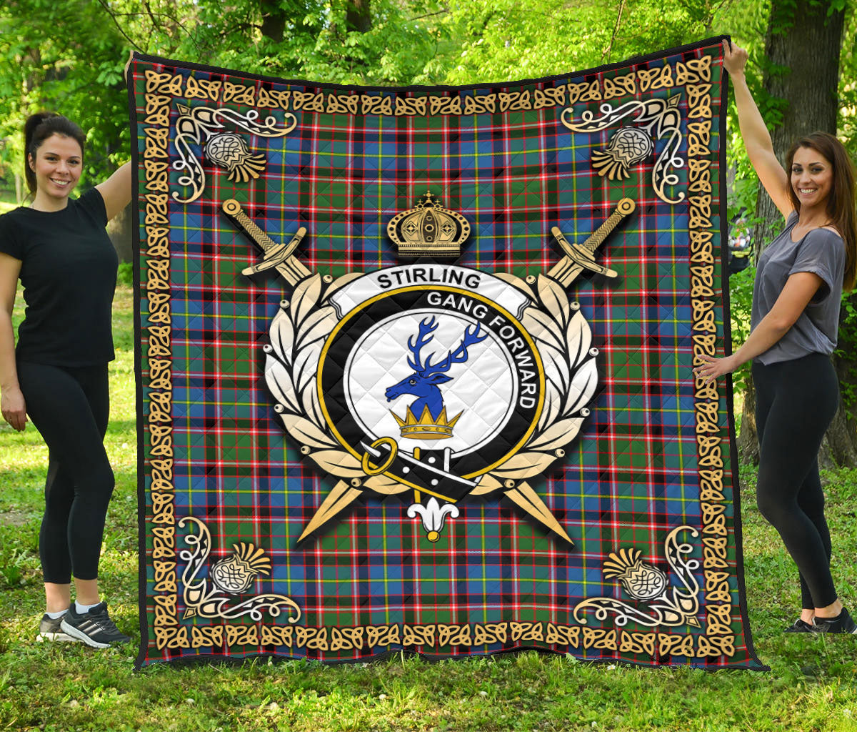 Stirling (of Cadder-Present Chief) Tartan Crest Premium Quilt - Celtic Thistle Style
