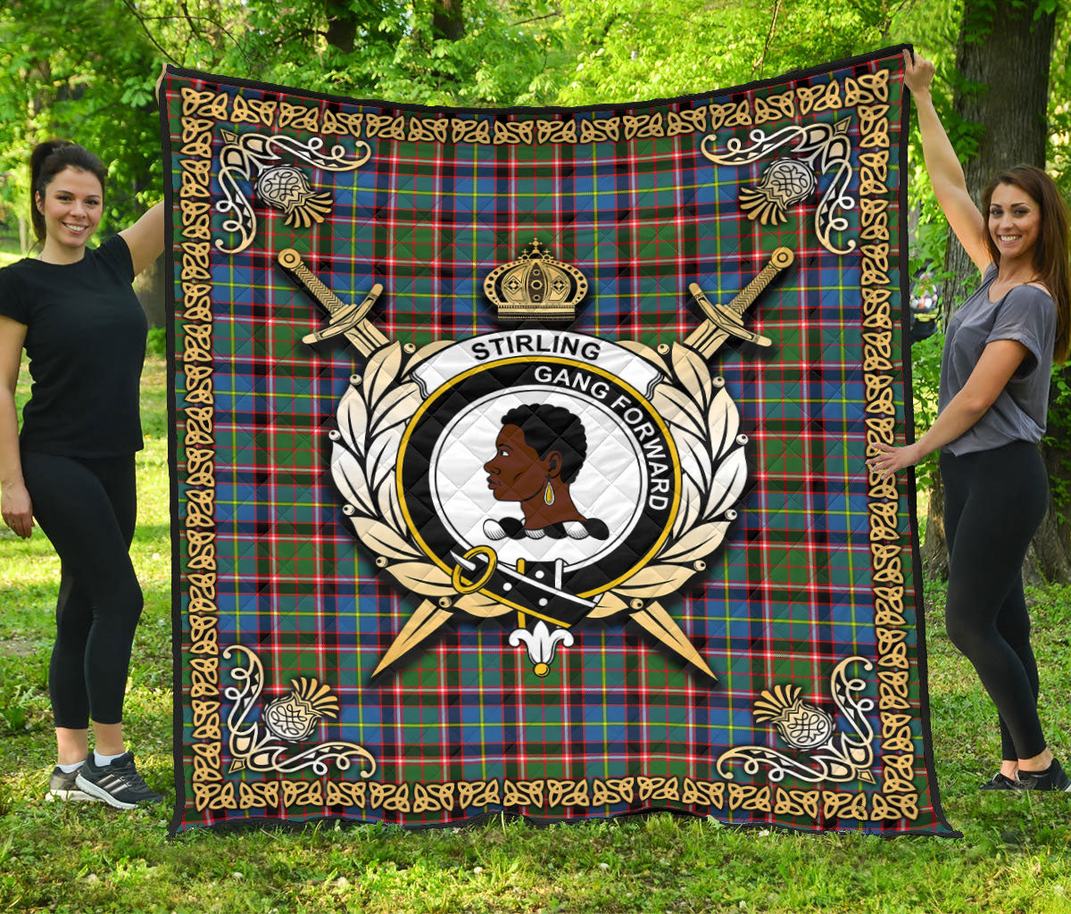Stirling (of Keir) Tartan Crest Premium Quilt - Celtic Thistle Style