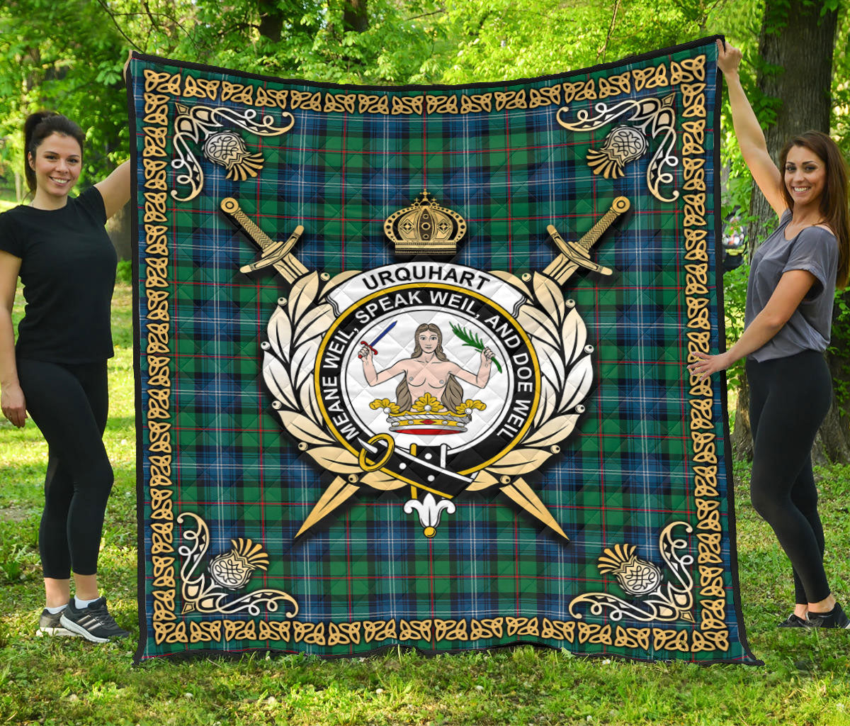 Urquhart Ancient Tartan Crest Premium Quilt - Celtic Thistle Style