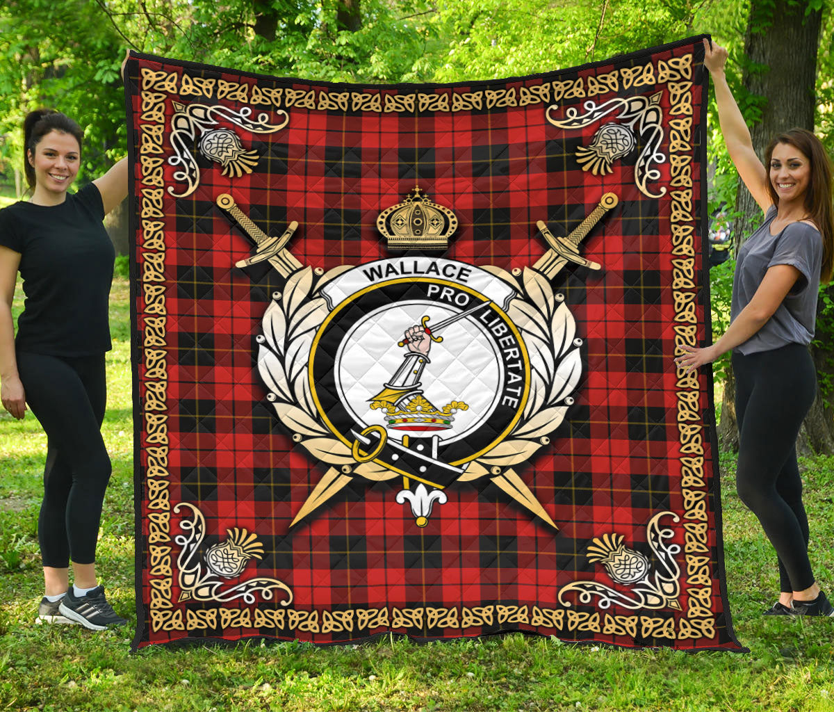 Wallace Weathered Tartan Crest Premium Quilt - Celtic Thistle Style