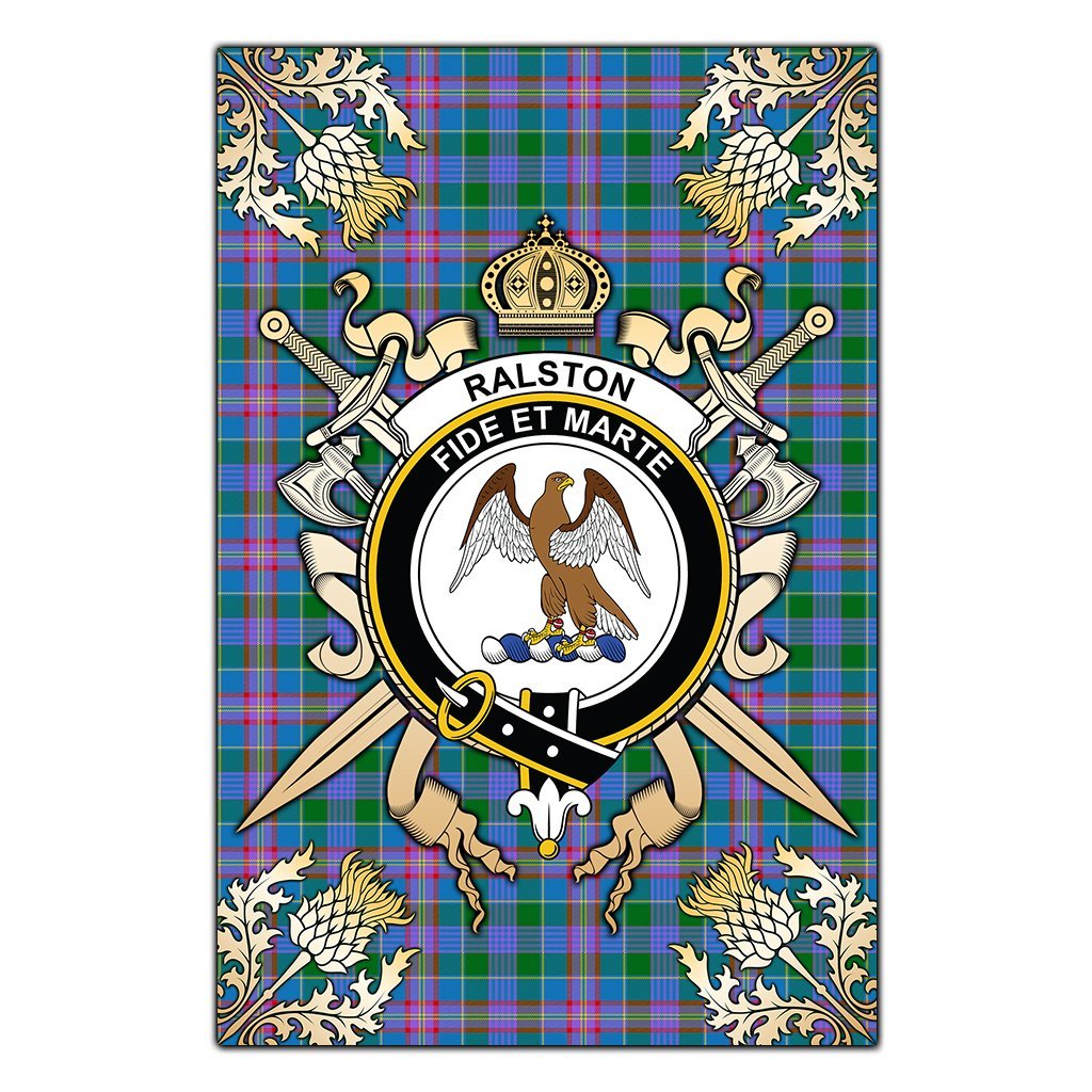 Ralston Tartan Crest Black Garden Flag - Gold Thistle Style