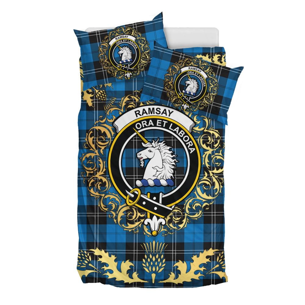 Ramsay Blue Ancient Tartan Crest Bedding Set - Golden Thistle Style