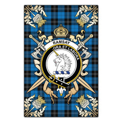 Ramsay Blue Ancient Tartan Crest Black Garden Flag - Gold Thistle Style