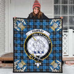 Ramsay Blue Ancient Tartan Crest Premium Quilt - Gold Thistle Style