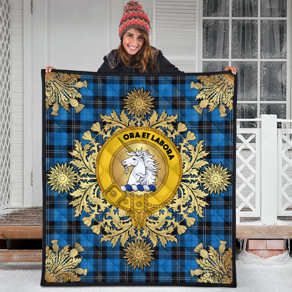 Ramsay Blue Ancient Tartan Crest Premium Quilt - Gold Thistle Style