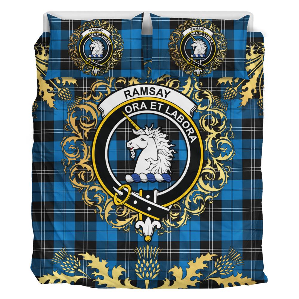 Ramsay Blue Ancient Tartan Crest Bedding Set - Golden Thistle Style