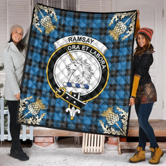 Ramsay Blue Ancient Tartan Crest Premium Quilt - Gold Thistle Style