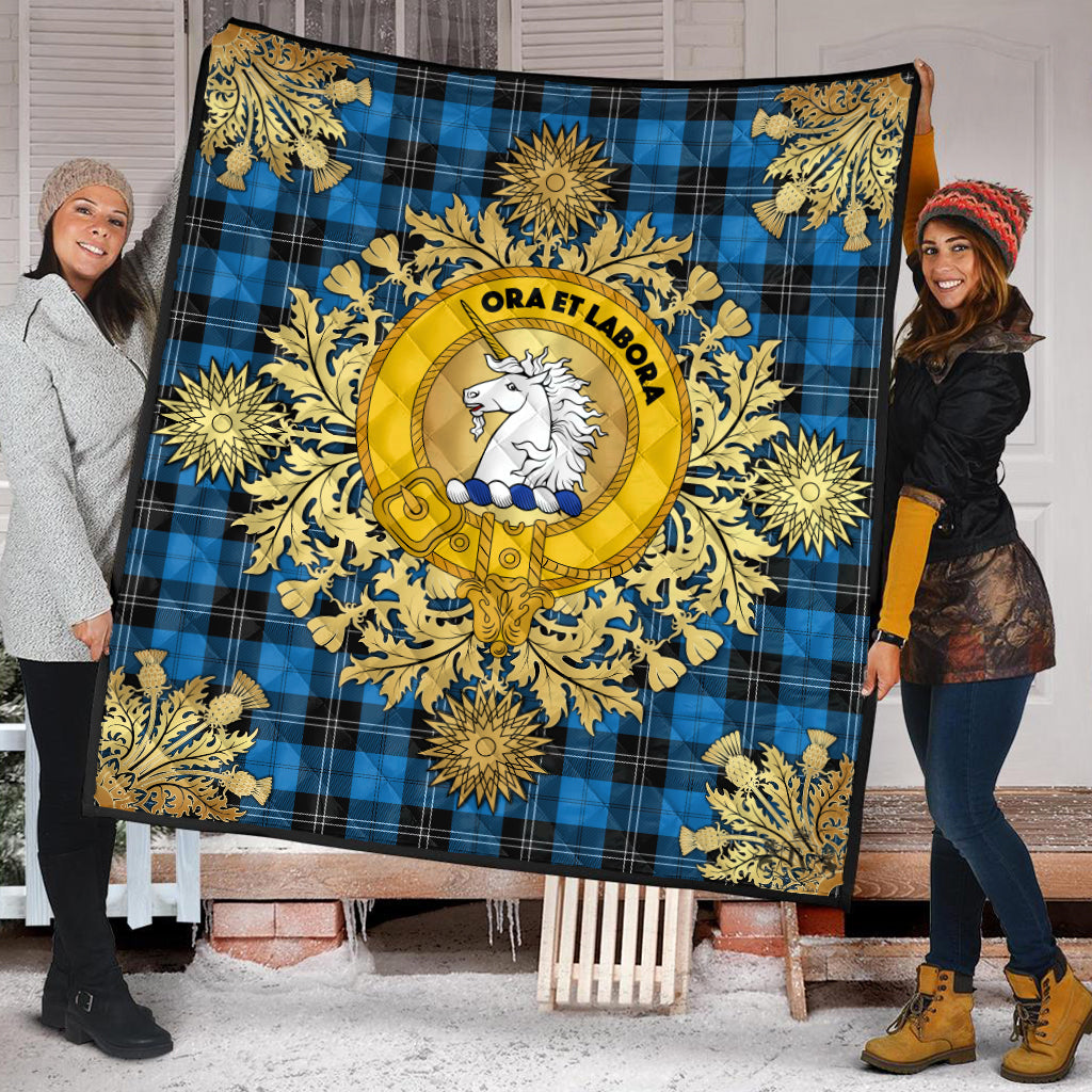 Ramsay Blue Ancient Tartan Crest Premium Quilt - Gold Thistle Style