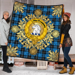 Ramsay Blue Ancient Tartan Crest Premium Quilt - Gold Thistle Style