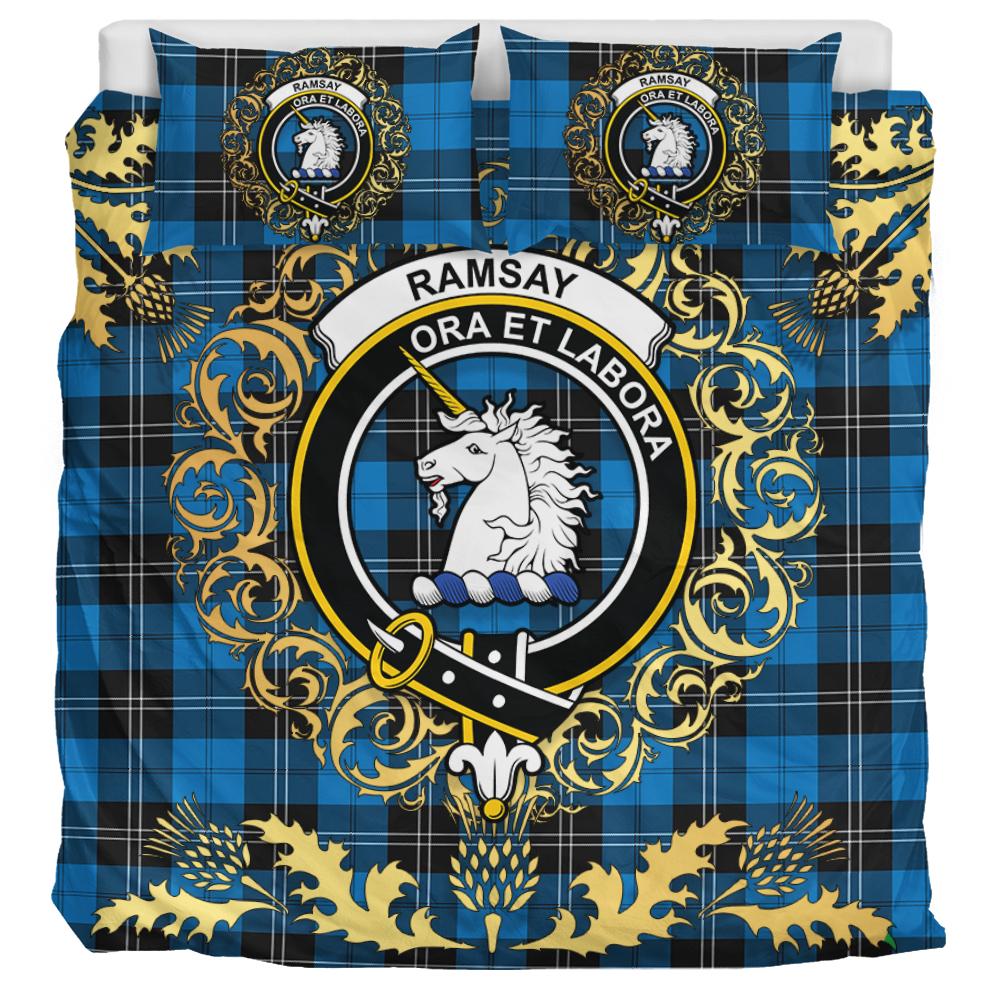 Ramsay Blue Ancient Tartan Crest Bedding Set - Golden Thistle Style