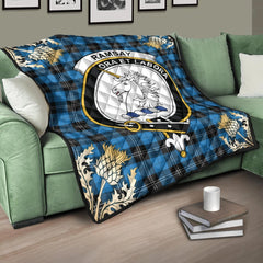 Ramsay Blue Ancient Tartan Crest Premium Quilt - Gold Thistle Style