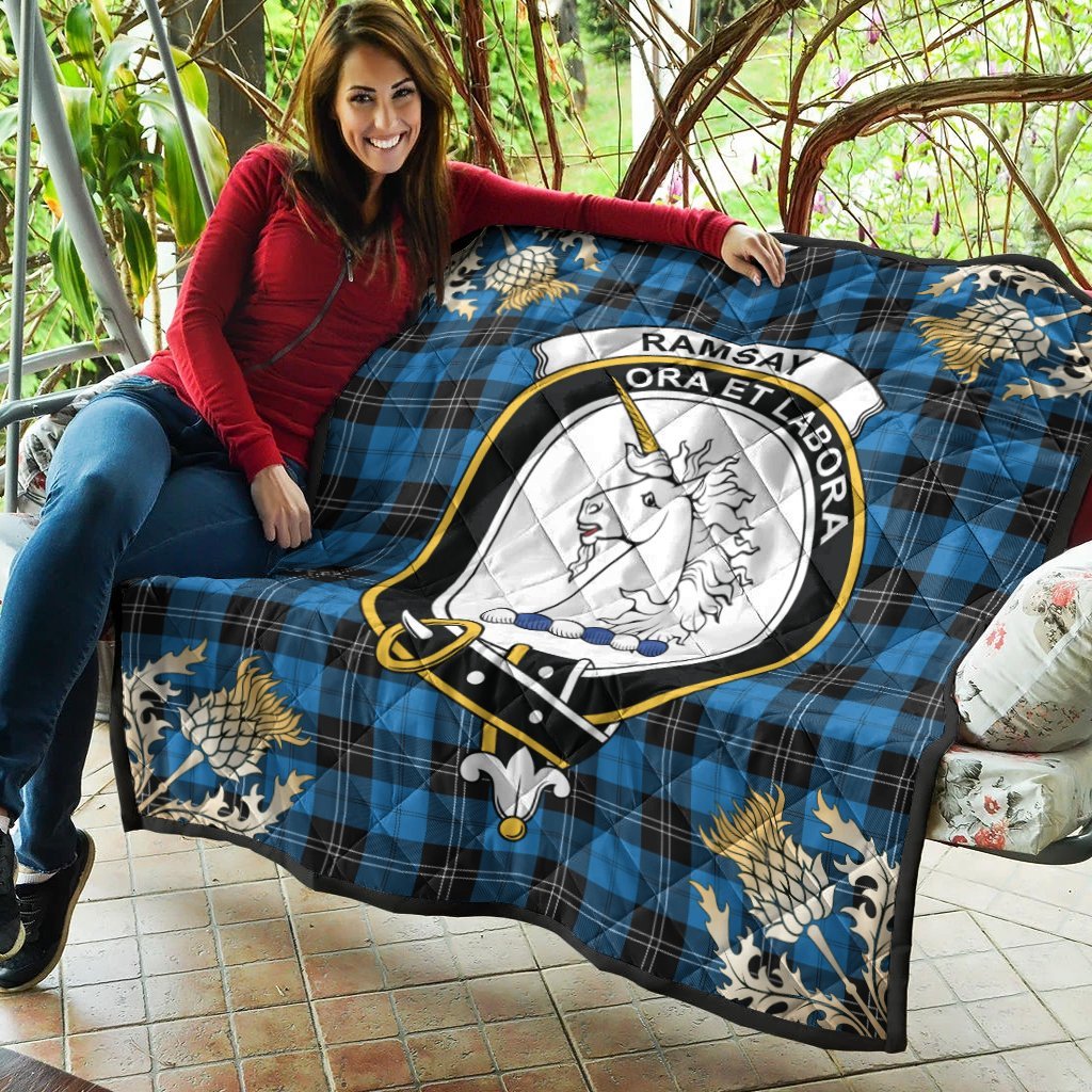 Ramsay Blue Ancient Tartan Crest Premium Quilt - Gold Thistle Style