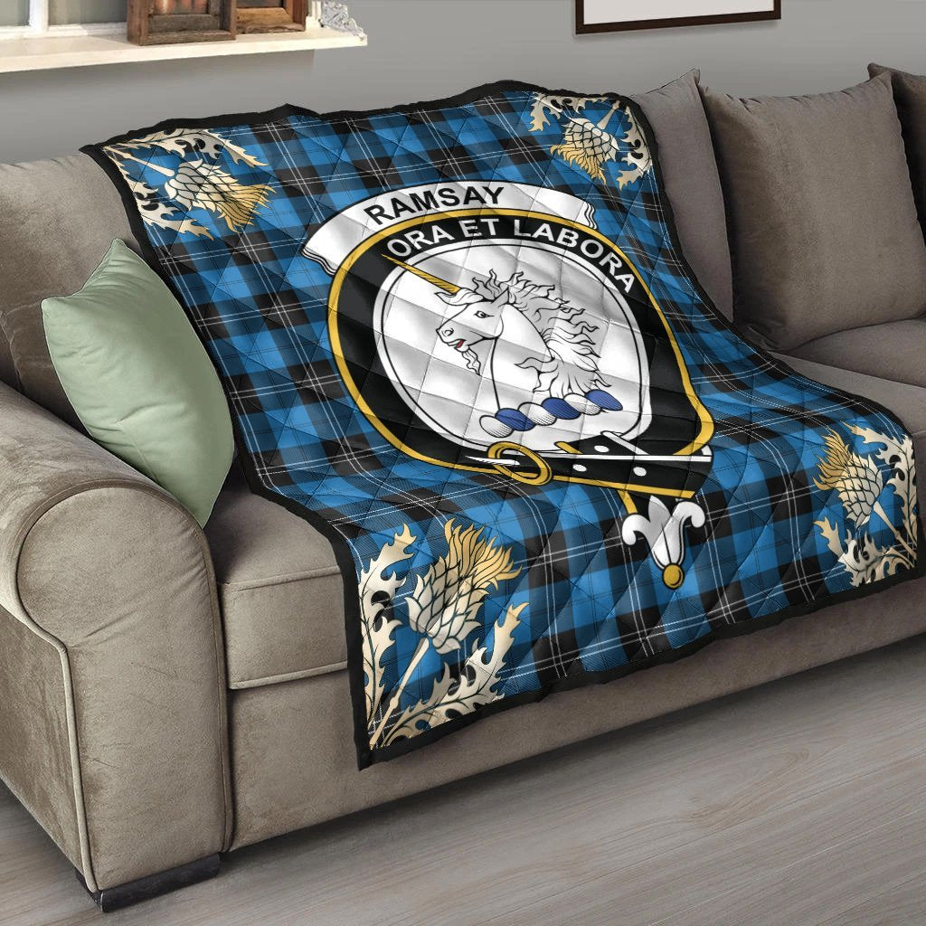 Ramsay Blue Ancient Tartan Crest Premium Quilt - Gold Thistle Style