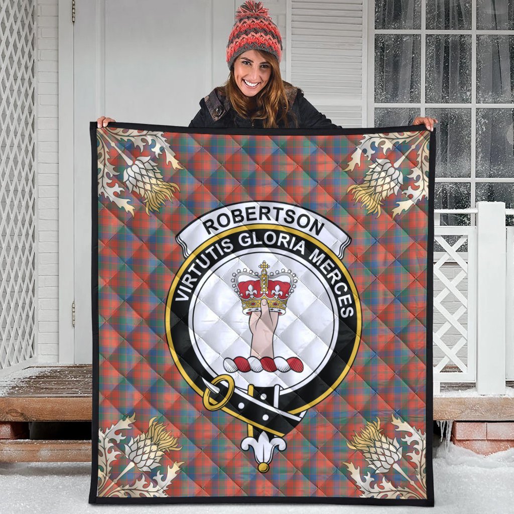 Robertson Ancient Tartan Crest Premium Quilt - Gold Thistle Style