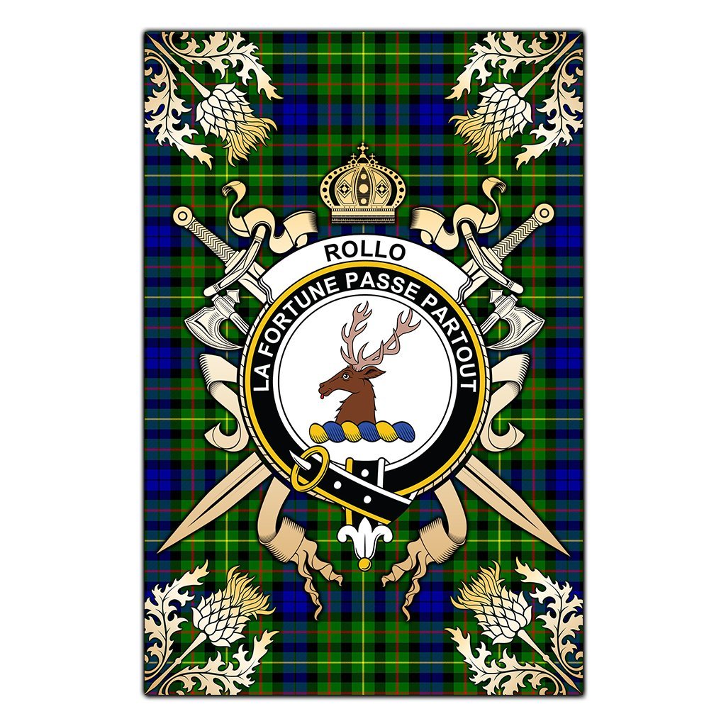 Rollo Modern Tartan Crest Black Garden Flag - Gold Thistle Style